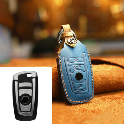 Blue leather key cover case with key ring and button icons, for three keys
