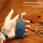 Blue leather key cover case held in hand with key ring and button panel