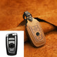 Brown leather key cover case with key ring and button icons, for three keys