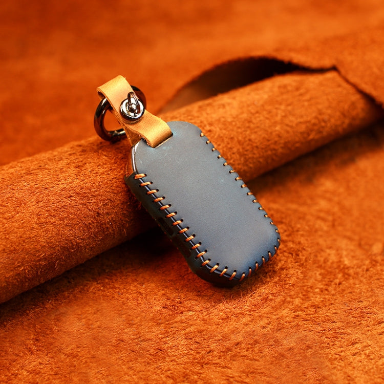 Blue leather key sleeve with metal ring, tan key strap, and stitched trim
