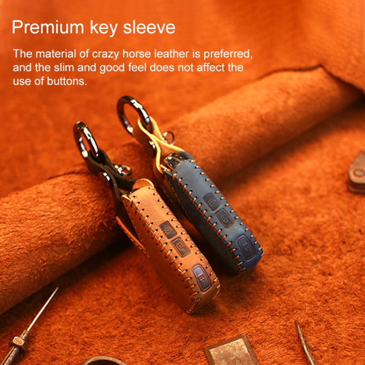 Leather key sleeves set: tan and blue covers with key rings and stitched trim