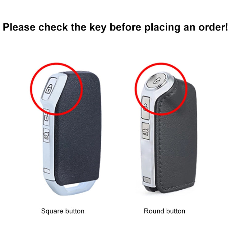 Leather key cover fit guide showing square-button and round-button cases
