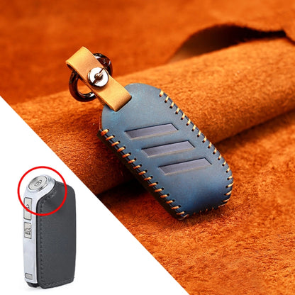 Blue round leather key protective cover with metal key ring and stitched edges