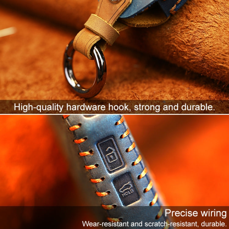 Blue round leather key cover with metal key ring loop and stitched button panel