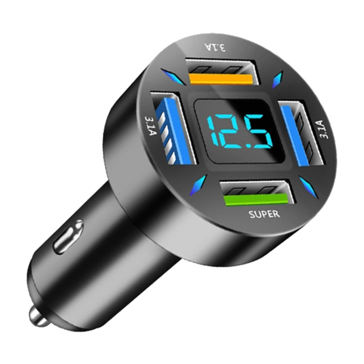 4-in-1 car USB charger with blue digital volt display and multiple ports, black body