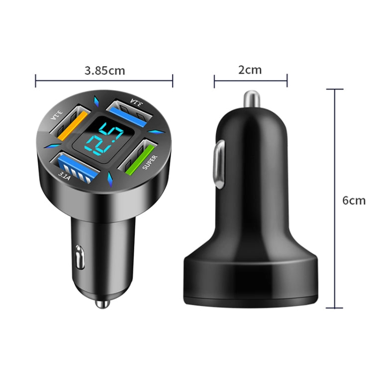 Compact 4-in-1 car USB charger with blue screen and 2.4A/USB ports, black