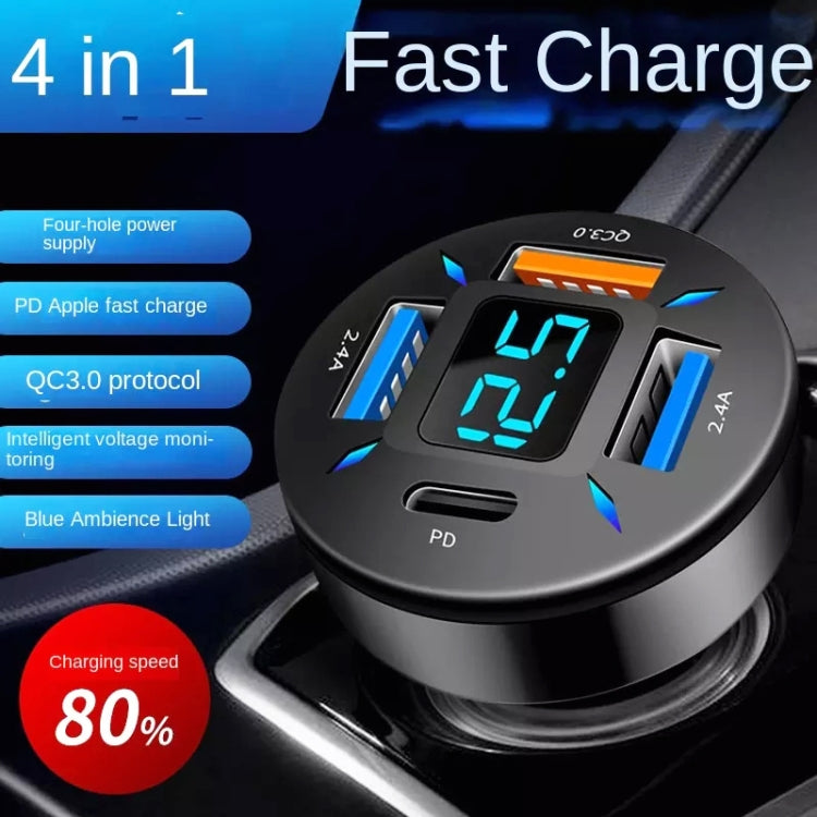 4-in-1 fast car charger with blue digital display, QC and PD ports, black