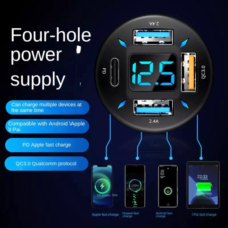 Car charger hub with four-hole power supply, blue digital screen, black exterior