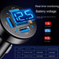 Car USB charger showing battery voltage on blue digital display, black with ports