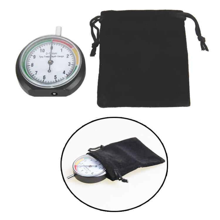 Tire tread depth gauge with black storage pouch and drawstring bag