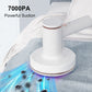 White handheld cordless vacuum sweeping fabric with visible suction effect