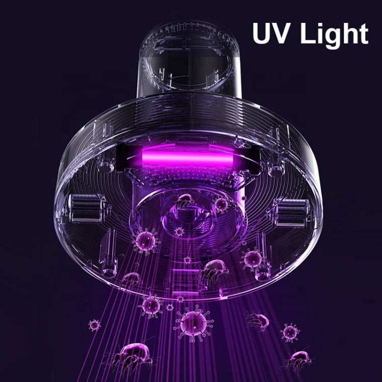 UV light illuminated handheld cordless vacuum nozzle on a dark background