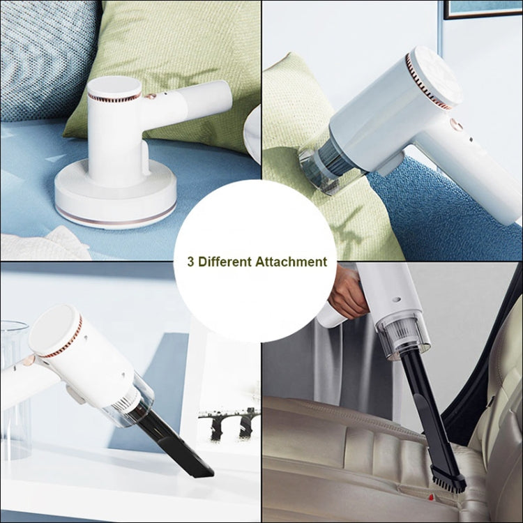 White handheld cordless vacuum cleaning sofa and car seat with attachments