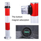 Red-and-white solar warning light post with black magnetic mounting base