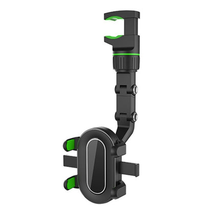Green car rearview mirror phone holder with oval clamp and swivel arm
