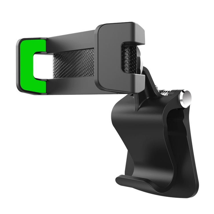 Green car sun visor phone holder with adjustable clamp and cradle