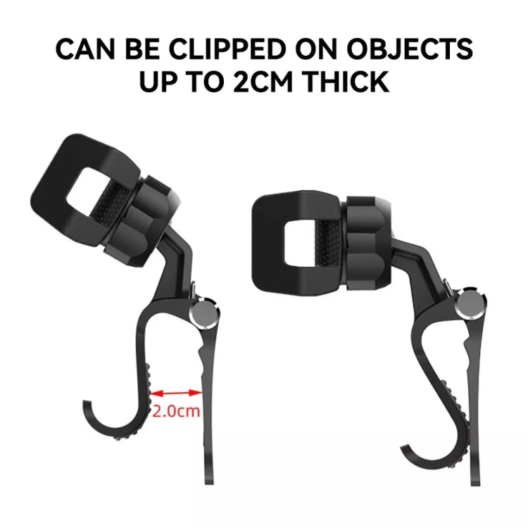 Black clip-on phone holder with hinged mount for thin objects up to 2cm