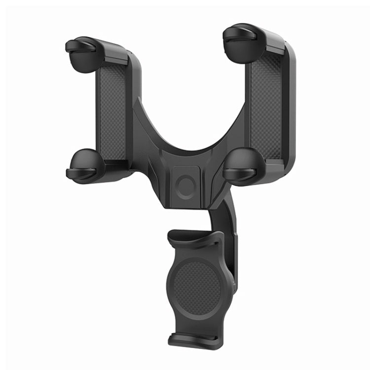 Black rearview mirror phone holder with U-clamp and grippy cradle