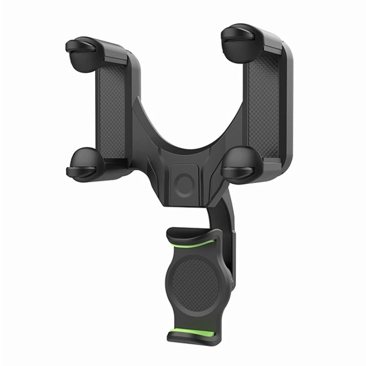 Black rearview mirror phone holder with green accents and grippy phone cradle
