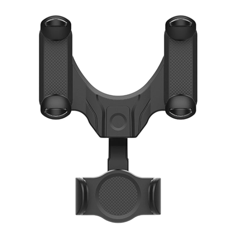 Black rearview mirror phone holder with top side clamps and central cradle