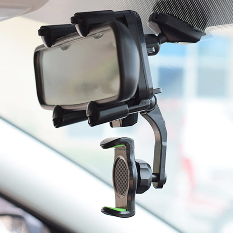 Black rearview mirror phone holder mounted with adjustable arm and grippers
