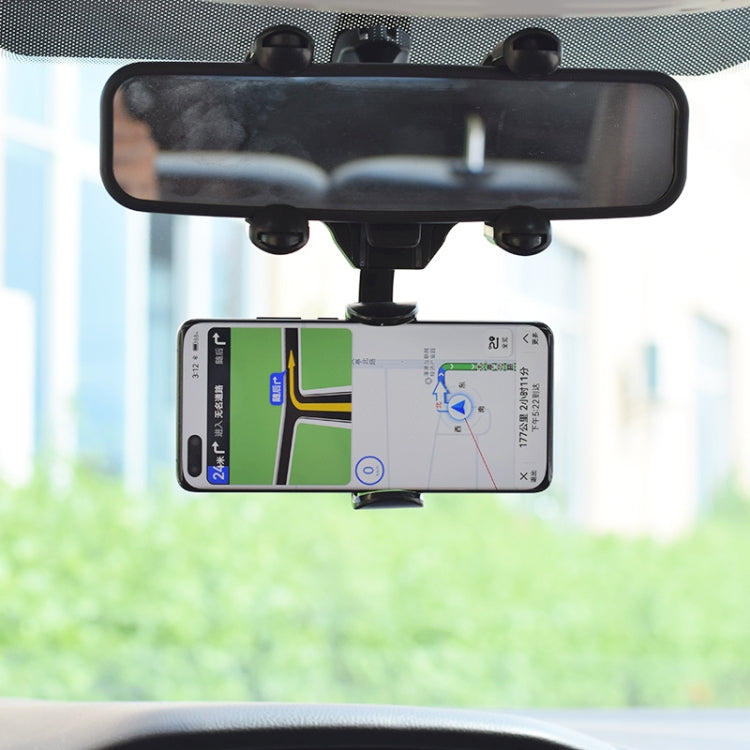 Rearview mirror phone holder with phone secured in horizontal orientation