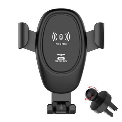 Black wireless phone charger stand with vent clips and fast charging indicator