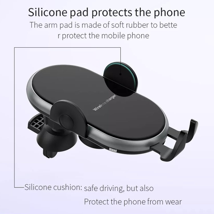 Car wireless phone charger stand with silicone-protected phone cradle, black