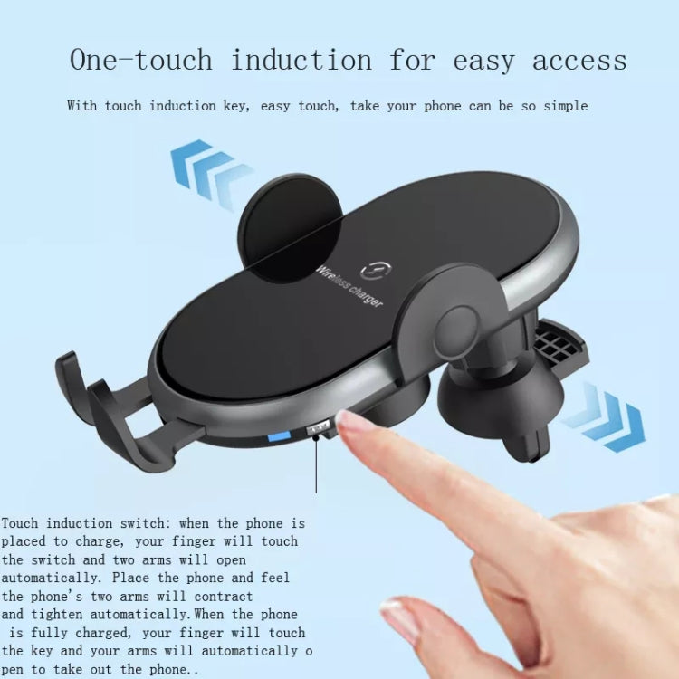 Car wireless phone charger stand with touch-activated opening arms, black