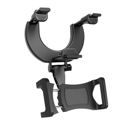 Black rearview mirror phone holder with U-clamp and adjustable side grips
