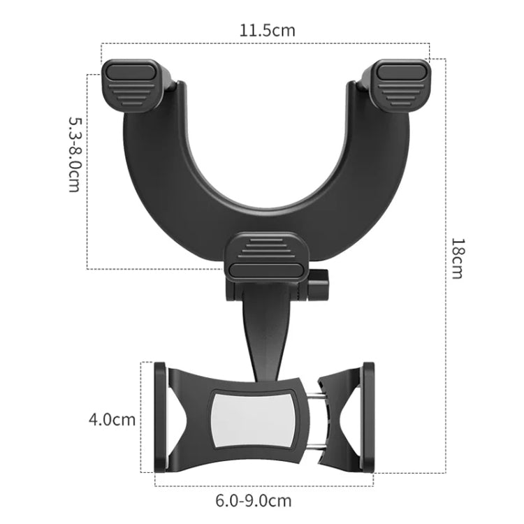 Black rearview mirror phone holder bracket with size markings and dual phone clamps