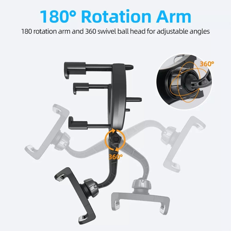Black rearview mirror phone holder with 180° rotation arm and swivel mount