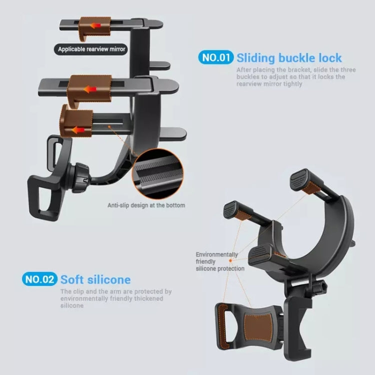 Black rearview mirror phone holder with soft silicone pads and sliding buckle lock