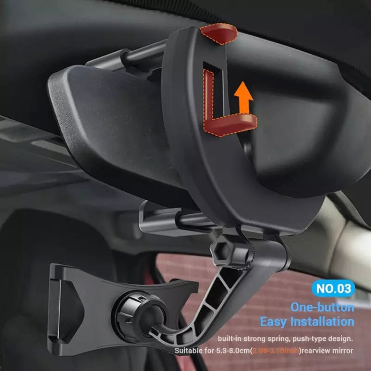 Black rearview mirror phone holder with one-button spring clamp and anti-slip grips