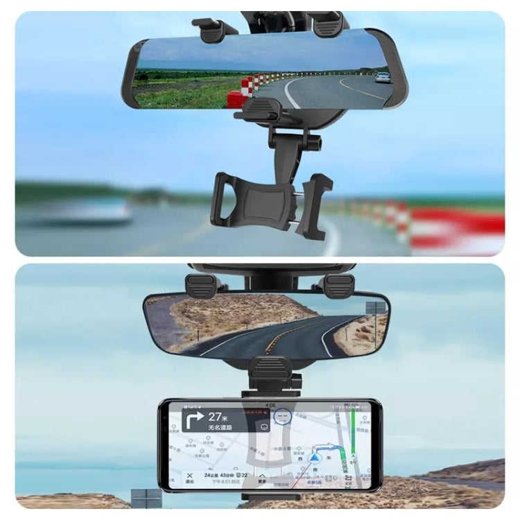 Black rearview mirror phone holder with phone cradle mounted to the rearview mirror