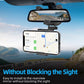 Black rearview mirror phone holder holding a phone on the mirror mount