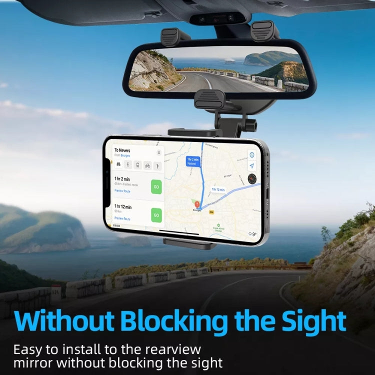 Black rearview mirror phone holder holding a phone on the mirror mount