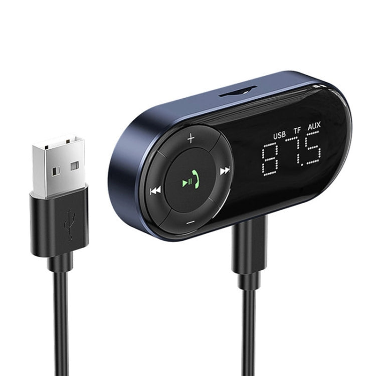 Blue/black Bluetooth audio receiver with LCD display, control buttons, and USB plug