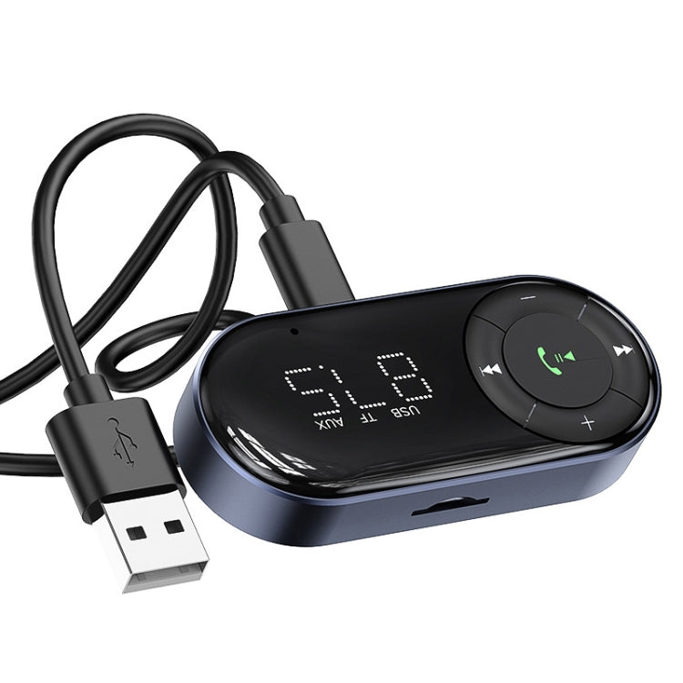 Compact Bluetooth audio receiver with USB cable, AUX input, and call/volume button