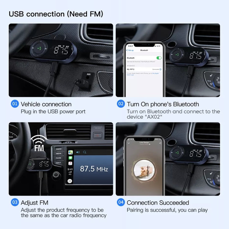 Bluetooth audio receiver with USB power connection and LCD display with digits