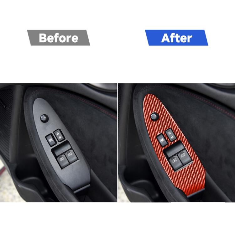 Red carbon fiber door switch trim sticker installed on black panel with controls