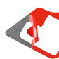 Red-and-gray arrow-shaped backing template for gear trim sticker, glossy surface
