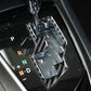 Installed carbon fiber-look gear shift trim on shifter area, black and gray
