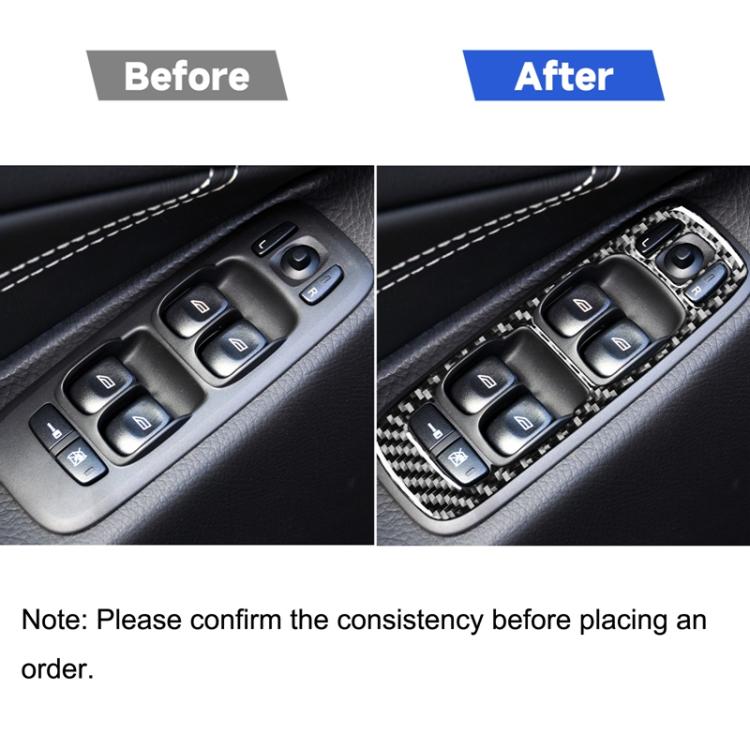 Carbon fiber window switch trim installed around power window controls on door panel