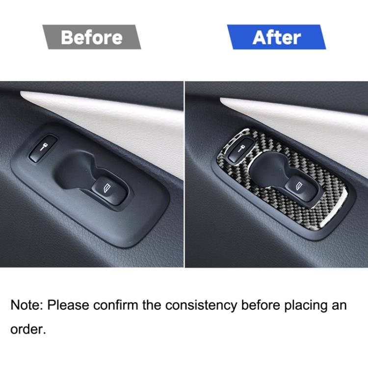 Carbon fiber trim overlay installed around window switch on car door armrest