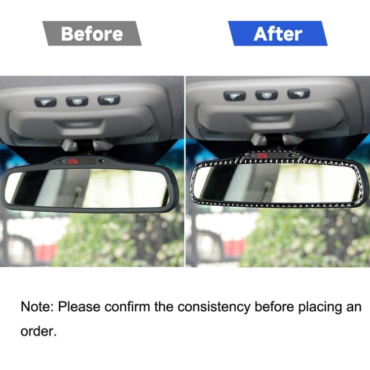 Before-and-after view of installed carbon fiber rearview mirror trim in black