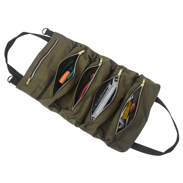 Army green canvas multi-pocket tool bag with zip closures and carry straps