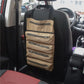Khaki canvas hanging tool bag with multiple zip pockets for car seat