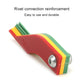 Brake pad thickness gauge with red base, stacked green and yellow strips, metal rivet