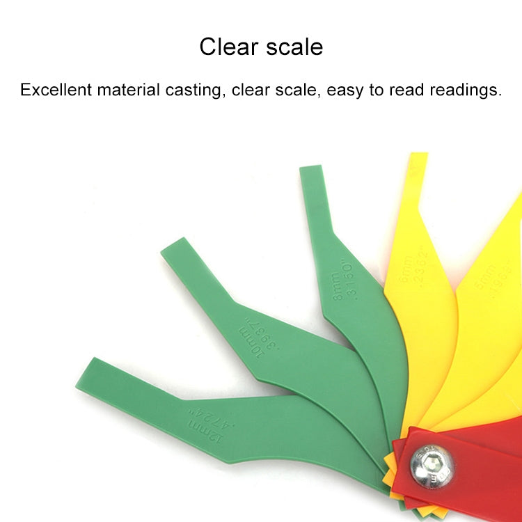 Brake pad thickness gauge with readable scale on green and yellow blades